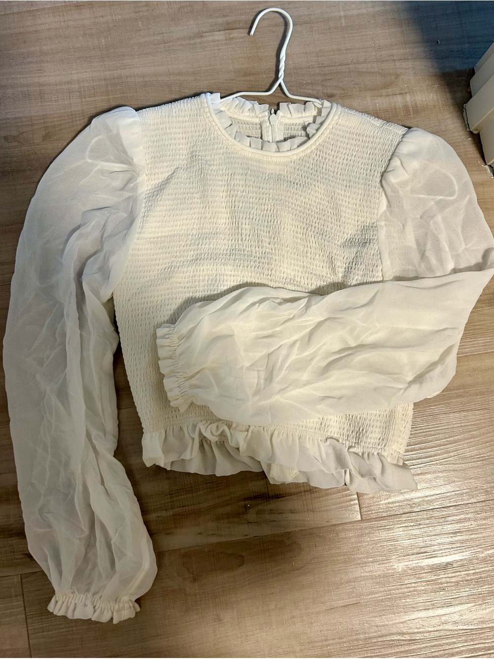 Wilfred White Smocked Top with Sheer Puff Sleeves